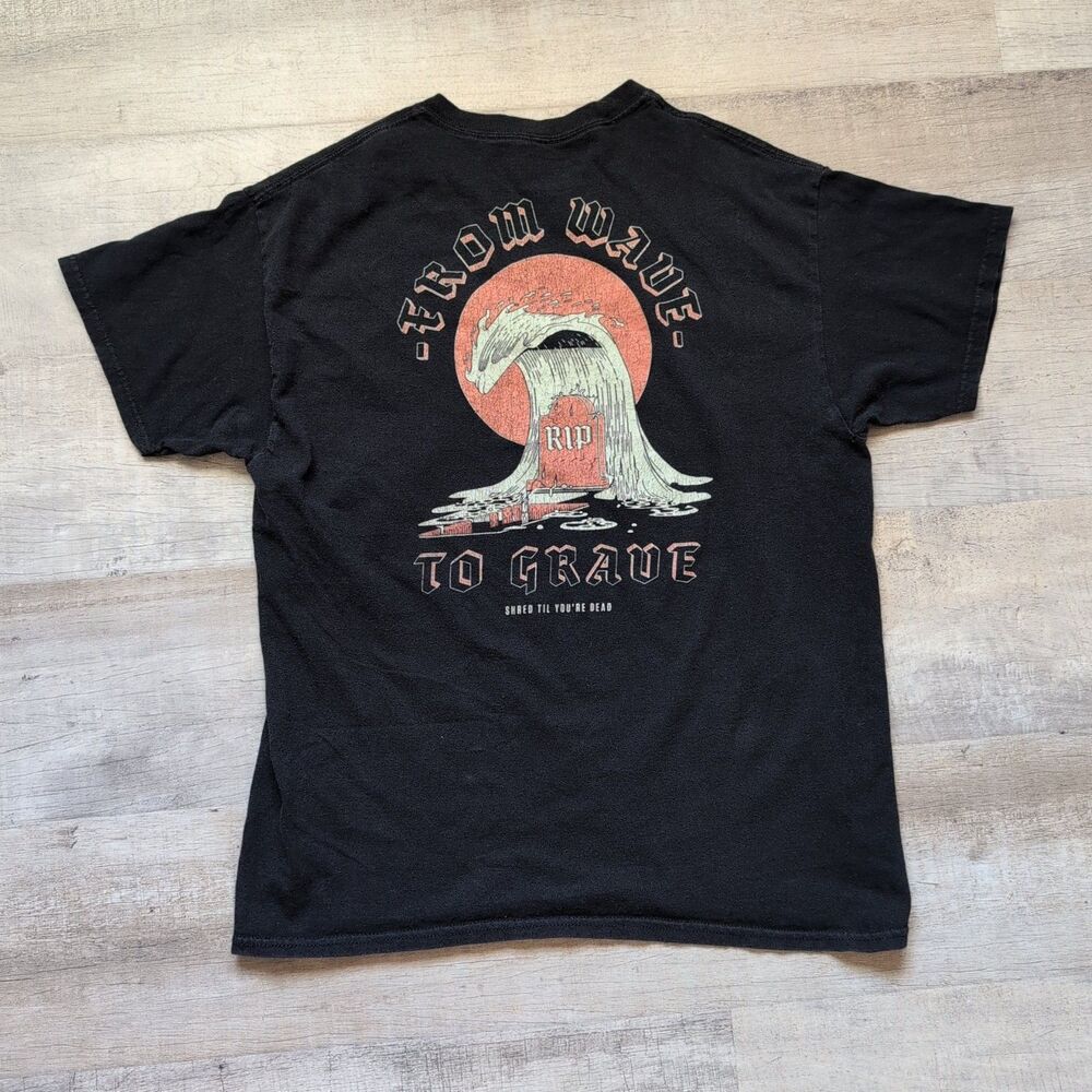 Chomp Mens T-Shirt Sz. L Black  Short Sleeve "From Wave to Grave" Surf Waves